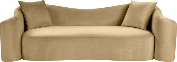 Meridian Furniture Destin Curved Velvet Sofa with Plush Deep Cushions for Modern Living Room Style and Comfort Camel 44052Camel-S