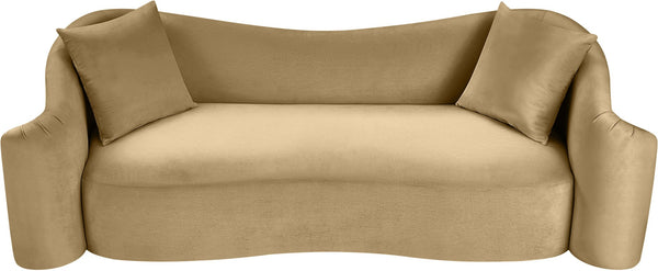 Meridian Furniture Destin Curved Velvet Sofa with Plush Deep Cushions for Modern Living Room Style and Comfort Camel 44052Camel-S