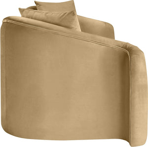 Meridian Furniture Destin Curved Velvet Sofa with Plush Deep Cushions for Modern Living Room Style and Comfort Camel 44052Camel-S