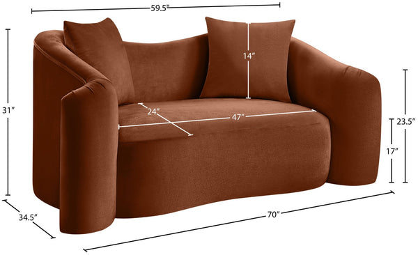 Meridian Furniture Destin Curved Velvet Loveseat with Plush Cushions and Sculpted Frame for Modern Living Rooms Cognac 44052Cognac-L