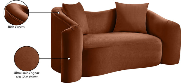 Meridian Furniture Destin Curved Velvet Loveseat with Plush Cushions and Sculpted Frame for Modern Living Rooms Cognac 44052Cognac-L