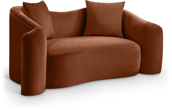 Meridian Furniture Destin Curved Velvet Loveseat with Plush Cushions and Sculpted Frame for Modern Living Rooms Cognac 44052Cognac-L