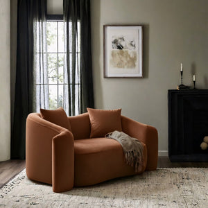 Meridian Furniture Destin Curved Velvet Loveseat with Plush Cushions and Sculpted Frame for Modern Living Rooms Cognac 44052Cognac-L