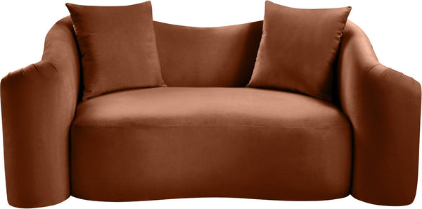 Meridian Furniture Destin Curved Velvet Loveseat with Plush Cushions and Sculpted Frame for Modern Living Rooms Cognac 44052Cognac-L