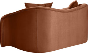 Meridian Furniture Destin Curved Velvet Loveseat with Plush Cushions and Sculpted Frame for Modern Living Rooms Cognac 44052Cognac-L