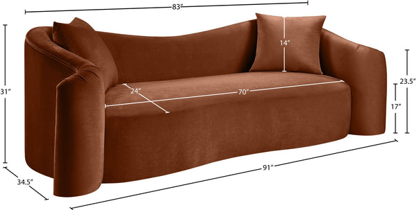 Meridian Furniture Destin Curved Velvet Sofa with Plush Deep Cushions for Modern Living Room Style and Comfort Cognac 44052Cognac-S