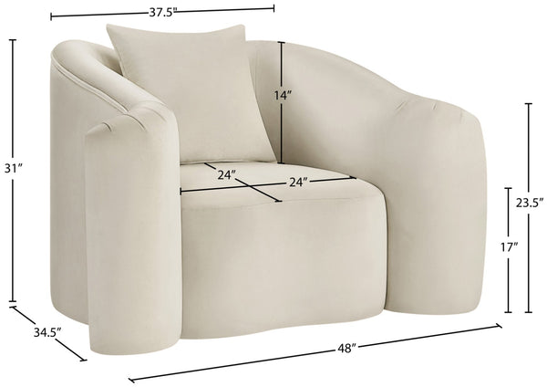 Meridian Furniture Destin Sculptural Velvet Accent Chair with Organic Curves for Modern Living Room Comfort Cream 44052Cream-C
