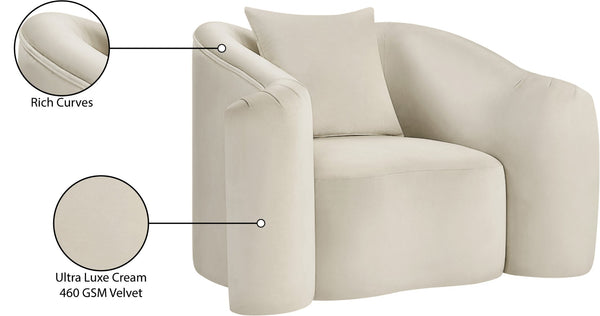 Meridian Furniture Destin Sculptural Velvet Accent Chair with Organic Curves for Modern Living Room Comfort Cream 44052Cream-C