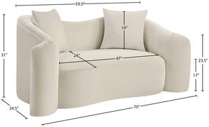 Meridian Furniture Destin Curved Velvet Loveseat with Plush Cushions and Sculpted Frame for Modern Living Rooms Cream 44052Cream-L