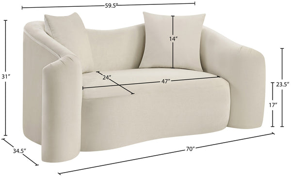 Meridian Furniture Destin Curved Velvet Loveseat with Plush Cushions and Sculpted Frame for Modern Living Rooms Cream 44052Cream-L