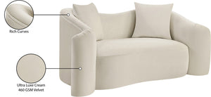 Meridian Furniture Destin Curved Velvet Loveseat with Plush Cushions and Sculpted Frame for Modern Living Rooms Cream 44052Cream-L