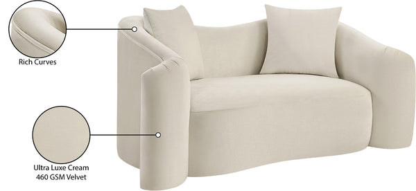 Meridian Furniture Destin Curved Velvet Loveseat with Plush Cushions and Sculpted Frame for Modern Living Rooms Cream 44052Cream-L