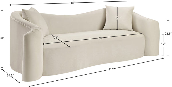 Meridian Furniture Destin Curved Velvet Sofa with Plush Deep Cushions for Modern Living Room Style and Comfort Cream 44052Cream-S