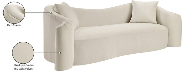 Meridian Furniture Destin Curved Velvet Sofa with Plush Deep Cushions for Modern Living Room Style and Comfort Cream 44052Cream-S