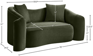 Meridian Furniture Destin Curved Velvet Loveseat with Plush Cushions and Sculpted Frame for Modern Living Rooms Green 44052Green-L