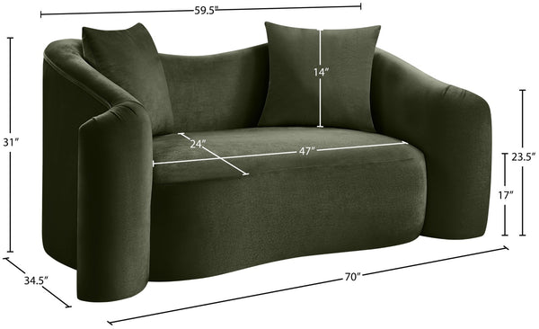 Meridian Furniture Destin Curved Velvet Loveseat with Plush Cushions and Sculpted Frame for Modern Living Rooms Green 44052Green-L