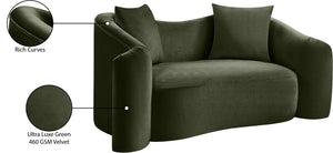 Meridian Furniture Destin Curved Velvet Loveseat with Plush Cushions and Sculpted Frame for Modern Living Rooms Green 44052Green-L