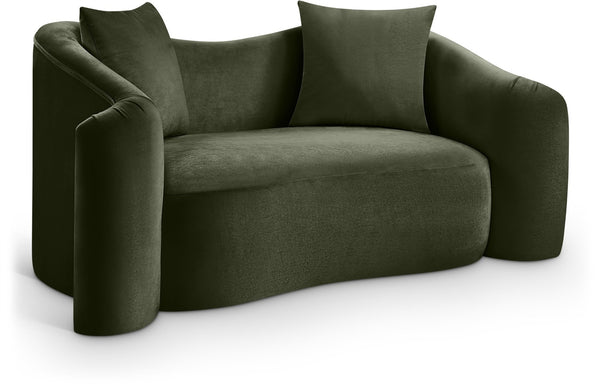 Meridian Furniture Destin Curved Velvet Loveseat with Plush Cushions and Sculpted Frame for Modern Living Rooms Green 44052Green-L