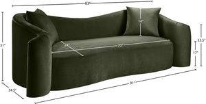 Meridian Furniture Destin Curved Velvet Sofa with Plush Deep Cushions for Modern Living Room Style and Comfort Green 44052Green-S