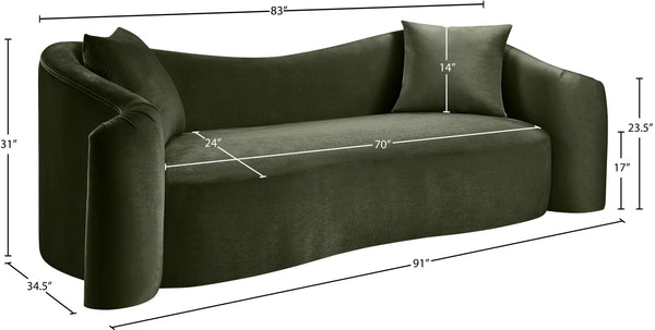 Meridian Furniture Destin Curved Velvet Sofa with Plush Deep Cushions for Modern Living Room Style and Comfort Green 44052Green-S