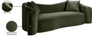 Meridian Furniture Destin Curved Velvet Sofa with Plush Deep Cushions for Modern Living Room Style and Comfort Green 44052Green-S
