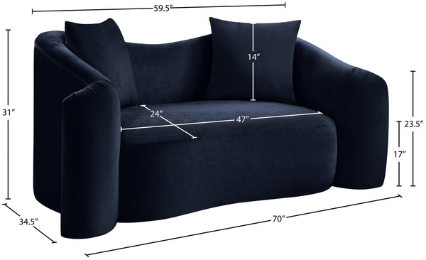Meridian Furniture Destin Curved Velvet Loveseat with Plush Cushions and Sculpted Frame for Modern Living Rooms Navy 44052Navy-L