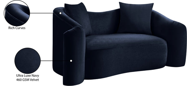 Meridian Furniture Destin Curved Velvet Loveseat with Plush Cushions and Sculpted Frame for Modern Living Rooms Navy 44052Navy-L