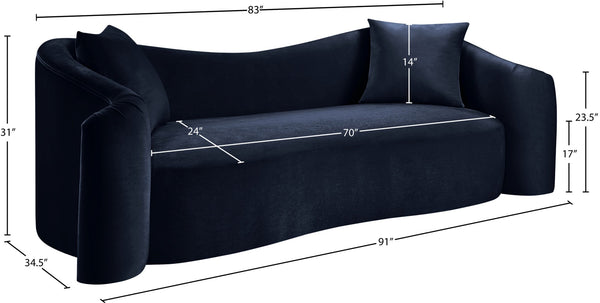 Meridian Furniture Destin Curved Velvet Sofa with Plush Deep Cushions for Modern Living Room Style and Comfort Navy 44052Navy-S