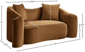 Meridian Furniture Destin Curved Velvet Loveseat with Plush Cushions and Sculpted Frame for Modern Living Rooms Saddle 44052Saddle-L