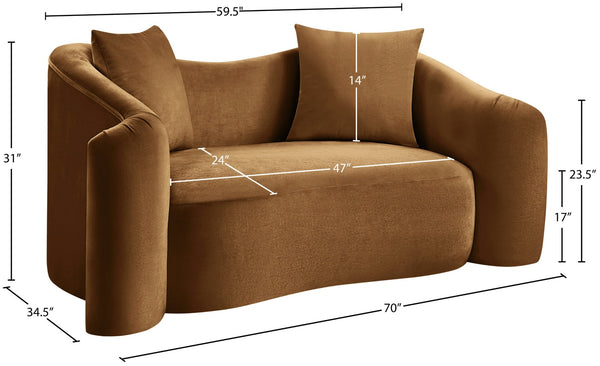 Meridian Furniture Destin Curved Velvet Loveseat with Plush Cushions and Sculpted Frame for Modern Living Rooms Saddle 44052Saddle-L