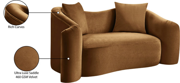 Meridian Furniture Destin Curved Velvet Loveseat with Plush Cushions and Sculpted Frame for Modern Living Rooms Saddle 44052Saddle-L