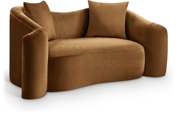 Meridian Furniture Destin Curved Velvet Loveseat with Plush Cushions and Sculpted Frame for Modern Living Rooms Saddle 44052Saddle-L