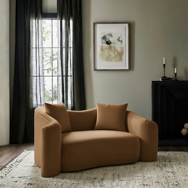 Meridian Furniture Destin Curved Velvet Loveseat with Plush Cushions and Sculpted Frame for Modern Living Rooms Saddle 44052Saddle-L