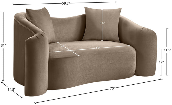 Meridian Furniture Destin Curved Velvet Loveseat with Plush Cushions and Sculpted Frame for Modern Living Rooms Taupe 44052Taupe-L