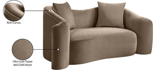 Meridian Furniture Destin Curved Velvet Loveseat with Plush Cushions and Sculpted Frame for Modern Living Rooms Taupe 44052Taupe-L