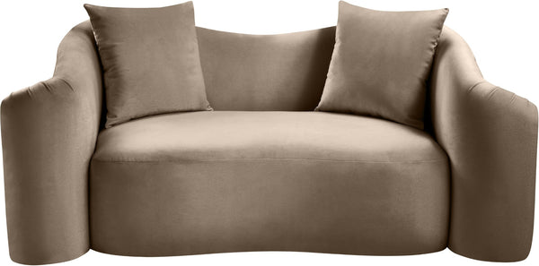 Meridian Furniture Destin Curved Velvet Loveseat with Plush Cushions and Sculpted Frame for Modern Living Rooms Taupe 44052Taupe-L
