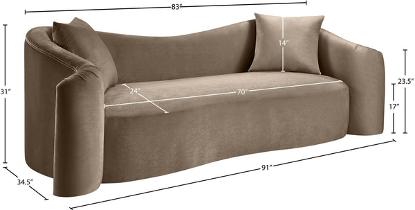 Meridian Furniture Destin Curved Velvet Sofa with Plush Deep Cushions for Modern Living Room Style and Comfort Taupe 44052Taupe-S