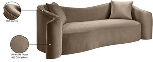 Meridian Furniture Destin Curved Velvet Sofa with Plush Deep Cushions for Modern Living Room Style and Comfort Taupe 44052Taupe-S