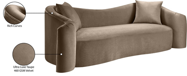Meridian Furniture Destin Curved Velvet Sofa with Plush Deep Cushions for Modern Living Room Style and Comfort Taupe 44052Taupe-S
