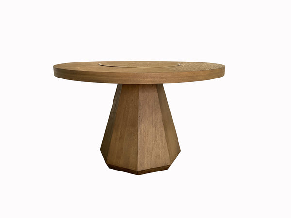 English Elm Round Expandable Dining Table with Pedestal Base, Solid Wood & Mindi Veneer, Elegant Sand Finish Light Brown 58 L x 58 W x 5.75 H B2699S00048