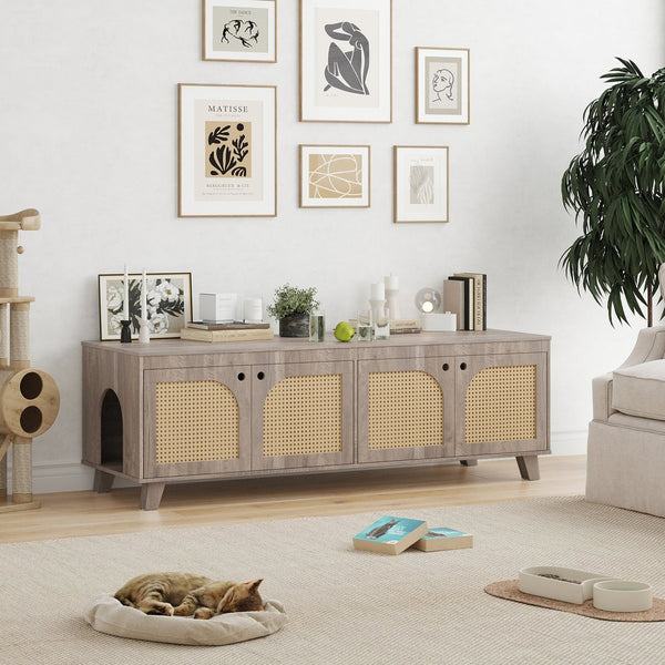 English Elm Double Hidden Cat Litter Box Enclosure with Rattan Doors, Two Spacious Compartments, Odor Control Stand Grey T3623P380885
