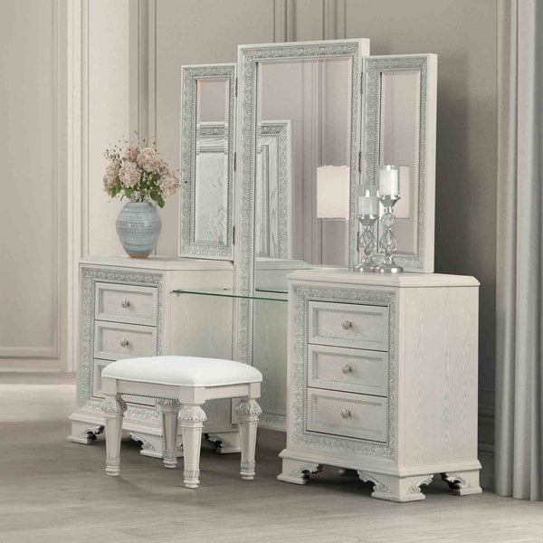 English Elm Traditional Creamy White Vanity Set with Stool, Tri-Fold Mirror, USB Port, Silver Accents, 72"W elegante B2741S00675