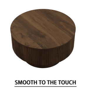 English Elm 29.53 Inch Round Mdf Coffee Table Sculptural Grooved Silhouette with Hidden Storage W2189P320663