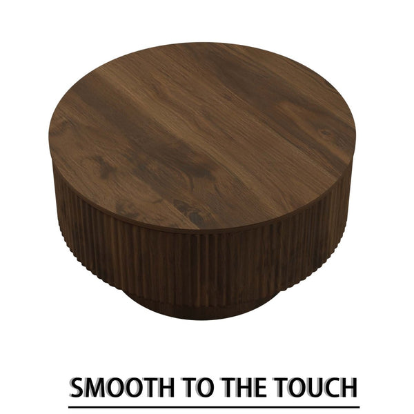 English Elm 29.53 Inch Round Mdf Coffee Table Sculptural Grooved Silhouette with Hidden Storage W2189P320663