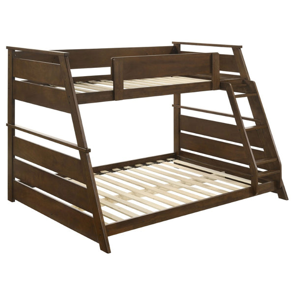 English Elm Reeder Walnut Finish Twin Over Full Bunk Bed Solid Wood Frame for Kids Shared Rooms B062S01557