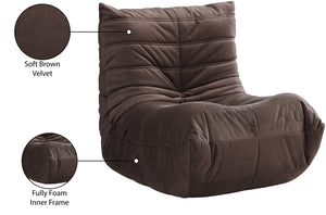 Meridian Furniture Relax Accent Chair with Deep Foam Seat Cocoon Silhouette for Modern Living Spaces Brown Velvet 44064Brown-C