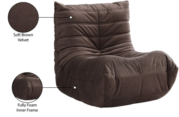Meridian Furniture Relax Accent Chair with Deep Foam Seat Cocoon Silhouette for Modern Living Spaces Brown Velvet 44064Brown-C