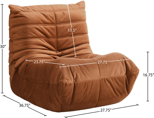 Meridian Furniture Relax Accent Chair with Deep Foam Seat Cocoon Silhouette for Modern Living Spaces Cognac Velvet 44064Cognac-C