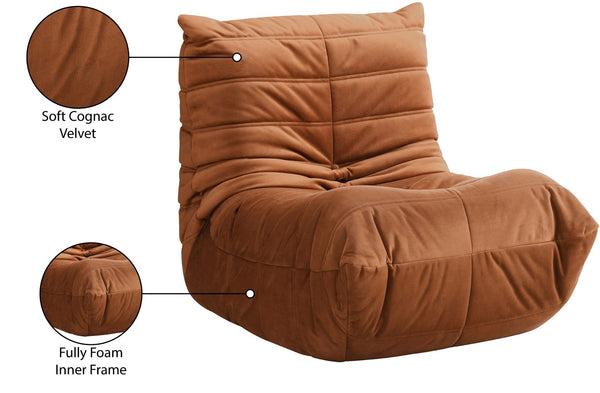 Meridian Furniture Relax Accent Chair with Deep Foam Seat Cocoon Silhouette for Modern Living Spaces Cognac Velvet 44064Cognac-C