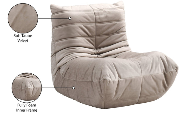 Meridian Furniture Relax Accent Chair with Deep Foam Seat Cocoon Silhouette for Modern Living Spaces Taupe Velvet 44064Taupe-C